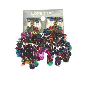 Loretta Vintage 80s Rainbow Sequin Rhinestone Gold Tone Clip On Large Earrings